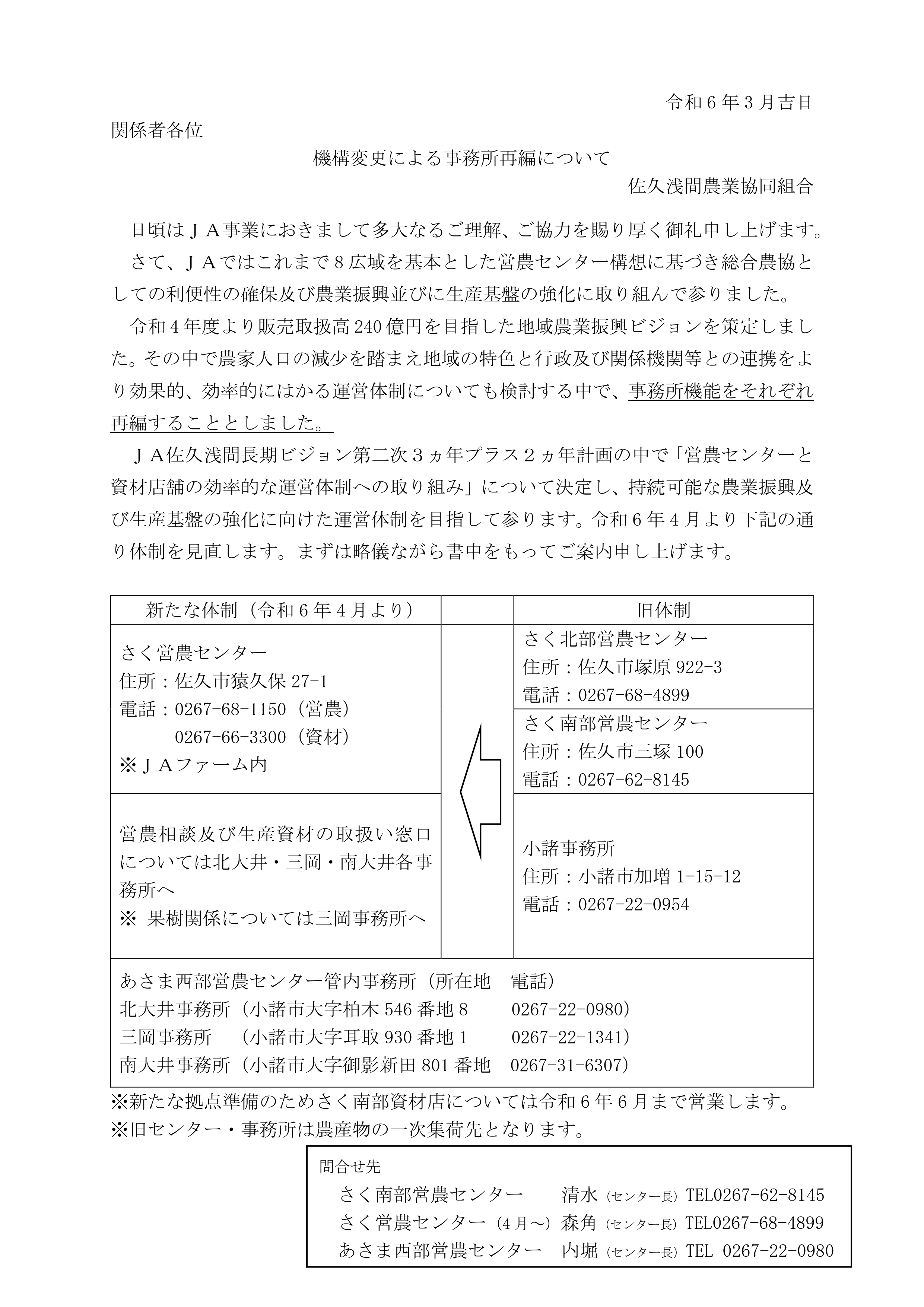 機構変更による営農センター事務所再編のご案内